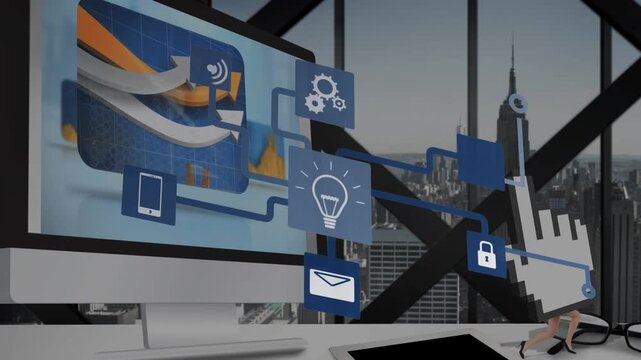 Animation of tech icons and digital hand over computer screen with arrows in office