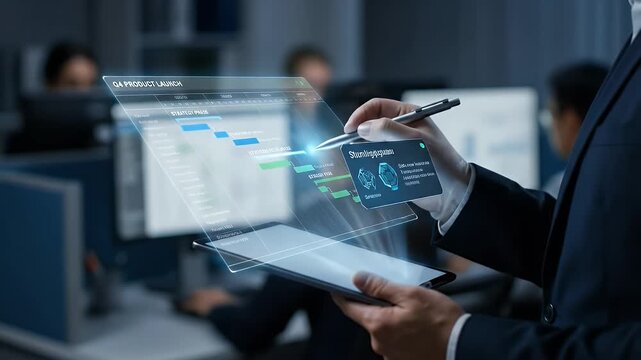 Close-up of a persons hand using a stylus to interact with a glowing holographic gantt chart interface, the person holds a tablet in the other hand, static enterprise framing with a shallow depth of f