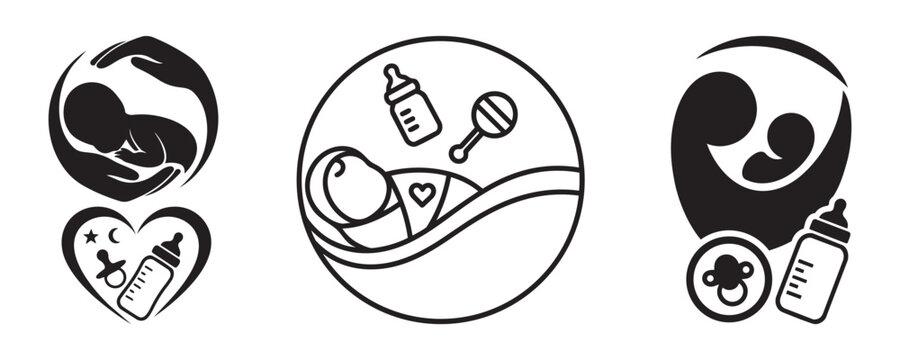 Set of newborn baby care and maternity logos featuring mother child nursing and feeding emblems