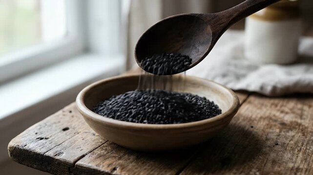 Close-up of a wooden spoon filled with black sesame seeds hovering above a shallow bowl of seeds on a textured wooden surface, static framing with soft natural side lighting and shallow depth of field