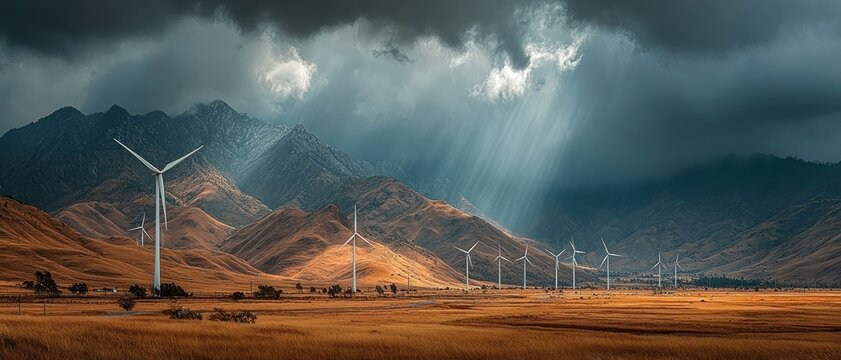 A field of wind turbines on rolling hills under dramatic skies with beams of sunlight breaking through clouds