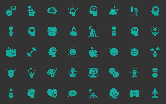set of mental health icons, negative thinking, positive thinking, stress
