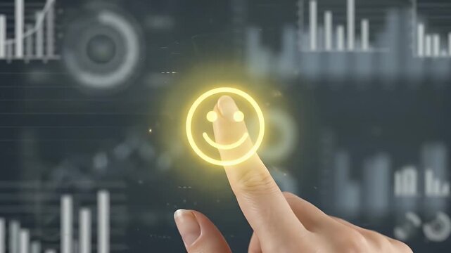 Close-up of a woman extending her finger toward a floating row of emoticon faces and pressing the highlighted smiling icon, slow cinematic push-in camera movement with dark neutral background and shal