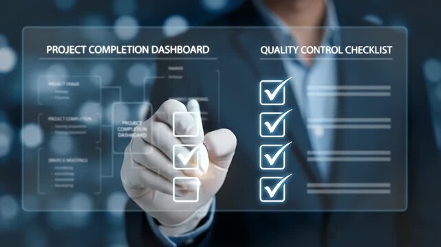 Close-up of a professionals hand using a stylus to write checkmarks into glowing white square boxes on a transparent interface, static framing with a dark blue bokeh background, cinematic enterprise s