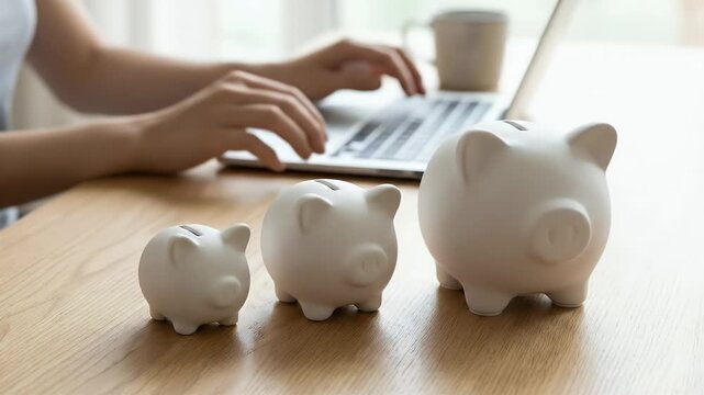 Close-up of three white ceramic piggy banks representing a family or tiered savings on a wooden desk, the persons hands are visible in the background working on a laptop, static framing with soft neut