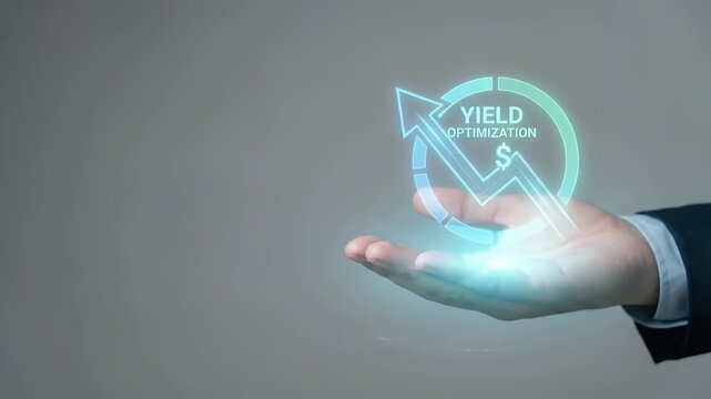 Hand showcasing holographic optimization icon symbolizing yield return optimization in financial context within empty space background concept as A hand presents a holographic optimization icon repres