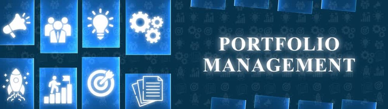 Portfolio Management Concept with Icons of Teamwork Lightbulb Gears Rocket Target and Documents on Blue Background