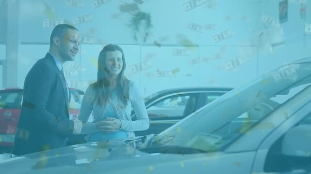 Animation of banknotes over caucasian woman with businessman in car salon