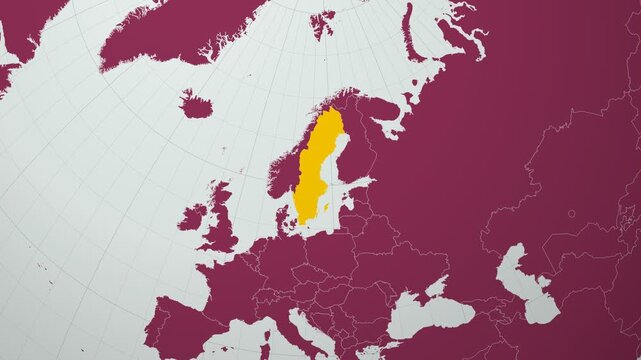 Sweden map. Animated zoom into the country on the Globe in Pale Mint Dark Pink color palette. Country logo animation with round text and airplanes. Map with meridians, parallels. Artistic video.