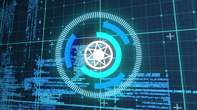 Animation of abstract pattern in circles over grid pattern against computer language