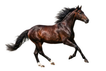 Fototapeta premium Galloping Dark Bay Horse with Flowing Mane and Tail Isolated on White