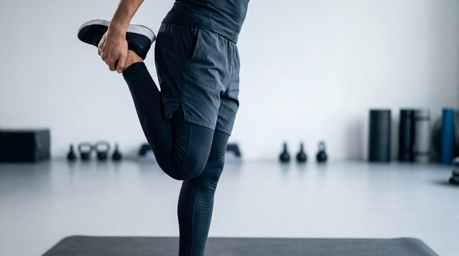 A man stretching his quadriceps on a mat in a bright gym.