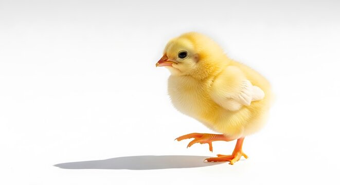 Cute yellow chick walking on clean white background
