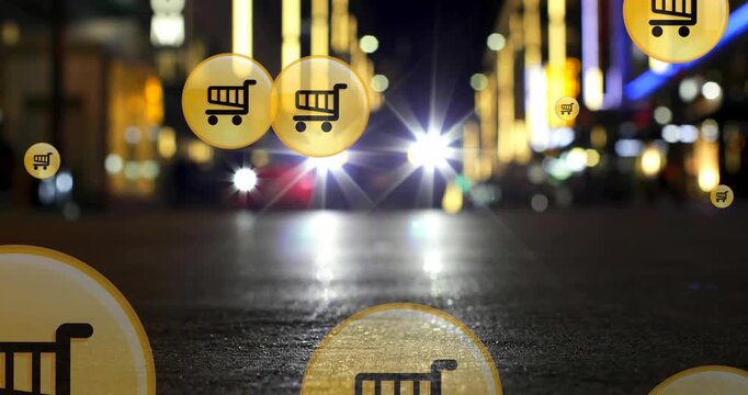Animation of shopping cart icons over low angle view of car moving on street in city