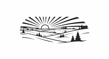 Stylized landscape with sunburst over rolling hills and trees