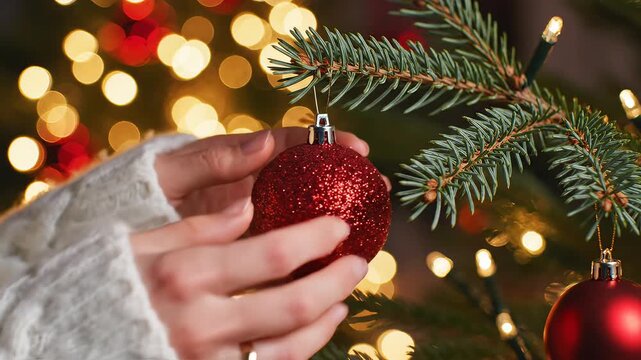 Hand decorating Christmas tree with ornament