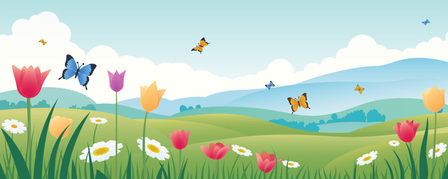 Colorful spring landscape vector illustration with blooming tulips, daisies and butterflies flying over green hills.