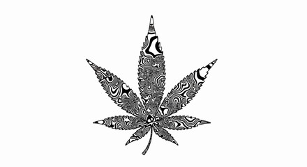 Stylized cannabis leaf with intricate black and white swirling patterns