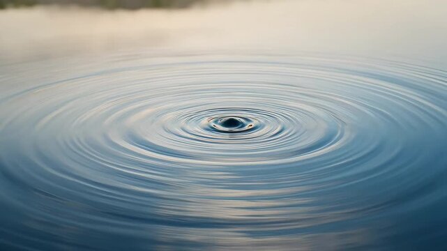 A serene lake with ripples from a dropped object, captured from a high vantage point, showcasing the calm water and surrounding environment in a video frame