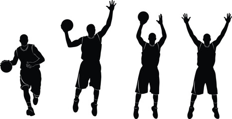 Black silhouette of basketball players jumping, dribbling and shooting ball, sports action set, basketball game icons isolated on white background, © Anamul Arafat