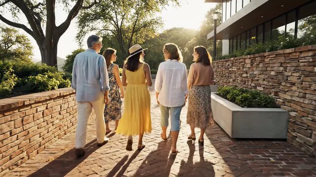 Group of people walking on a brick path