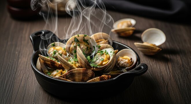 Steaming Clams in Cast Iron Pan.