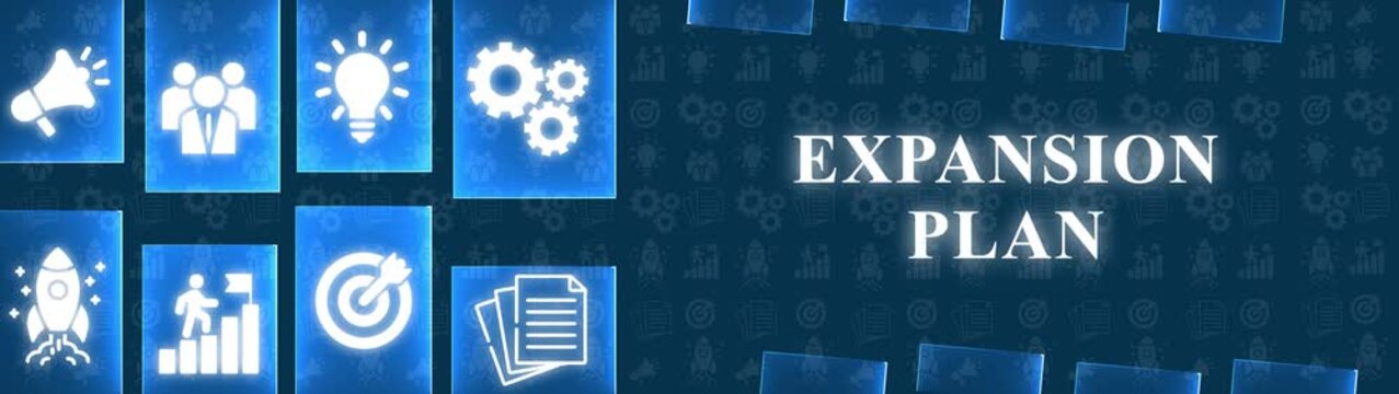 Expansion Plan concept with glowing icons and text on a dark blue background with patterns Keywords: expansion plan, growth, business, strategy, development, new markets, global
