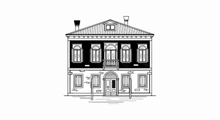 Stylized line art of a two-story building with multiple windows and a balcony