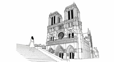 Fototapeta premium Stylized line drawing of a Gothic cathedral facade with a lone figure ascending steps