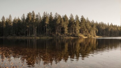 Serene lakeside forest scene with reflections of trees and sky.