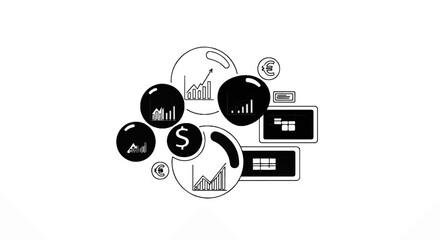 Stylized infographic elements showing financial charts, currency symbols, and data visualization