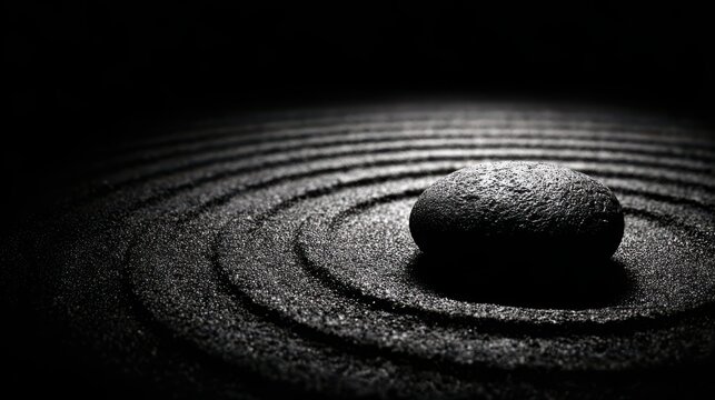 A single dark stone resting on a meticulously raked sand garden, creating concentric ripples of deep tranquility and minimalist art.
