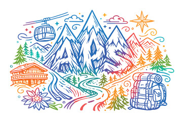Alps mountain adventure concept with chalet cable car backpack and river for design, card, poster and background
