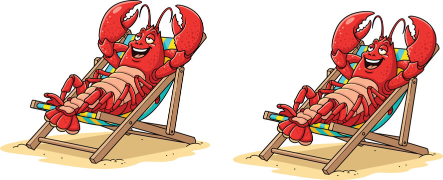 Cartoon lobsters relaxing on beach chairs, summer vacation concept, funny seafood illustration, tropical holiday vector, playful marine life artwork