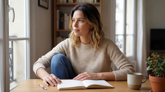 Femme lisant ou &eacute;crivant calmement chez elle, instant paisible et inspirant en ambiance cosy de t&eacute;l&eacute;travail