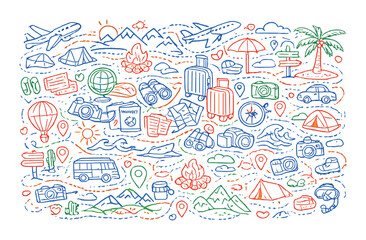 Travel outdoor adventure doodle pattern with suitcase, tent, camera and passport for vacation and tourism marketing, poster and background design
