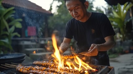 Fototapeta premium Outdoor grilling, skewers cooking
