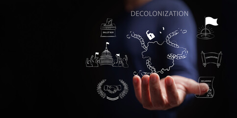 Decolonization concept. Hand holds country with broken chains and open lock with icons of democracy, voting, constitution, and independence. National freedom, sovereignty, declaration, and democracy