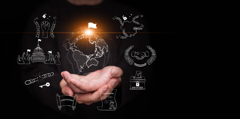 Decolonization concept. Hands supporting globe with broken chain, open lock, and democratic icons. Global liberation, national sovereignty, independence, freedom, sovereignty, declaration, democracy.