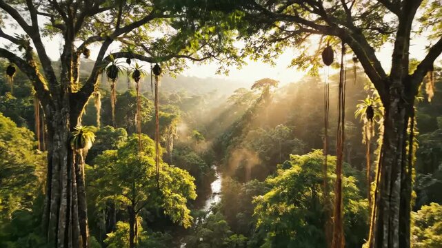 Tropical forest canopy with sunlight