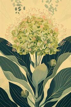 Ratatosk green leaves on the flower with a miki asa style illustration. Floral art for interior poster design