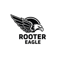 Fototapeta premium Black and white logo of an eagle with wings and the words ROOTER EAGLE.
