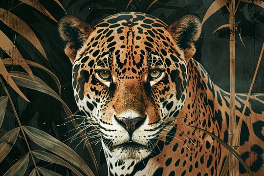 Close up jaguar face art poster for design print. Elegant animal artwork with green jungle plants. Wild nature theme for interior.
