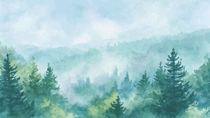 Fototapeta premium 霧に包まれた森林の水彩風景 淡いグリーンが広がる自然イラスト