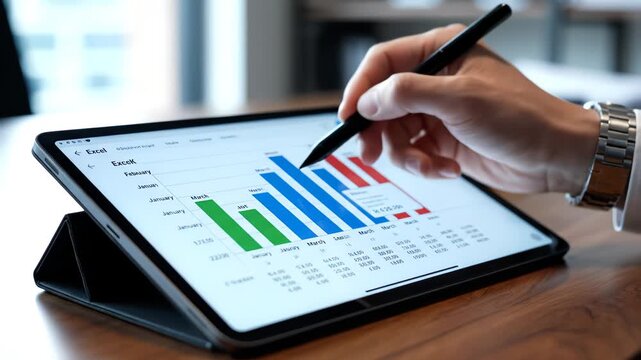 Hand using stylus on tablet with Excel chart