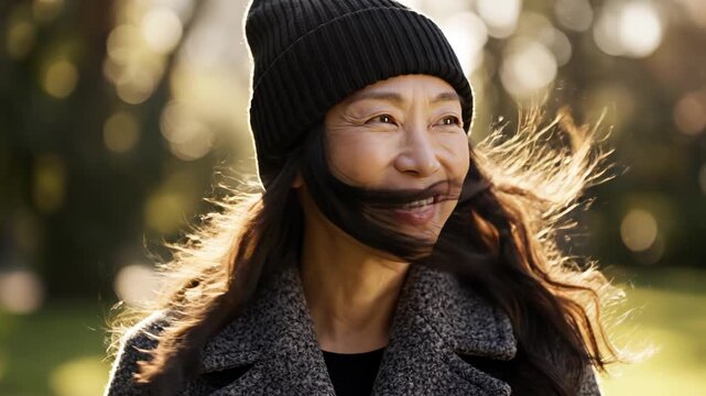 Smiling woman wearing beanie in outdoor setting