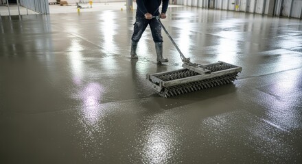 Obraz premium Man working on concrete floor with spike roller. Construction worker levelling wet cement in industrial building. Modern material finishing work.