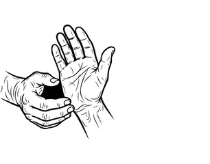 Obraz premium Stylized line drawing of two human hands, one touching the other's palm
