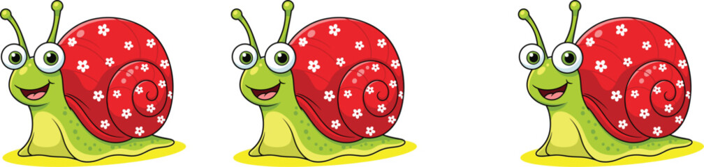 Cute snail cartoon mascot character with green body and red shell featuring white flower patterns for garden and nature designs, © Anamul Arafat