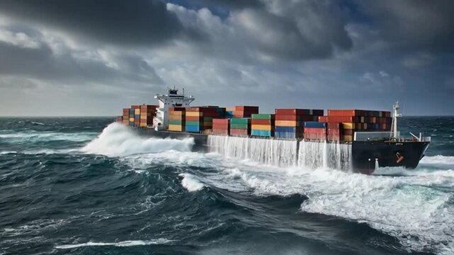 Container Ship Navigating Stormy Seas, Crashing Waves, Maritime Shipping
